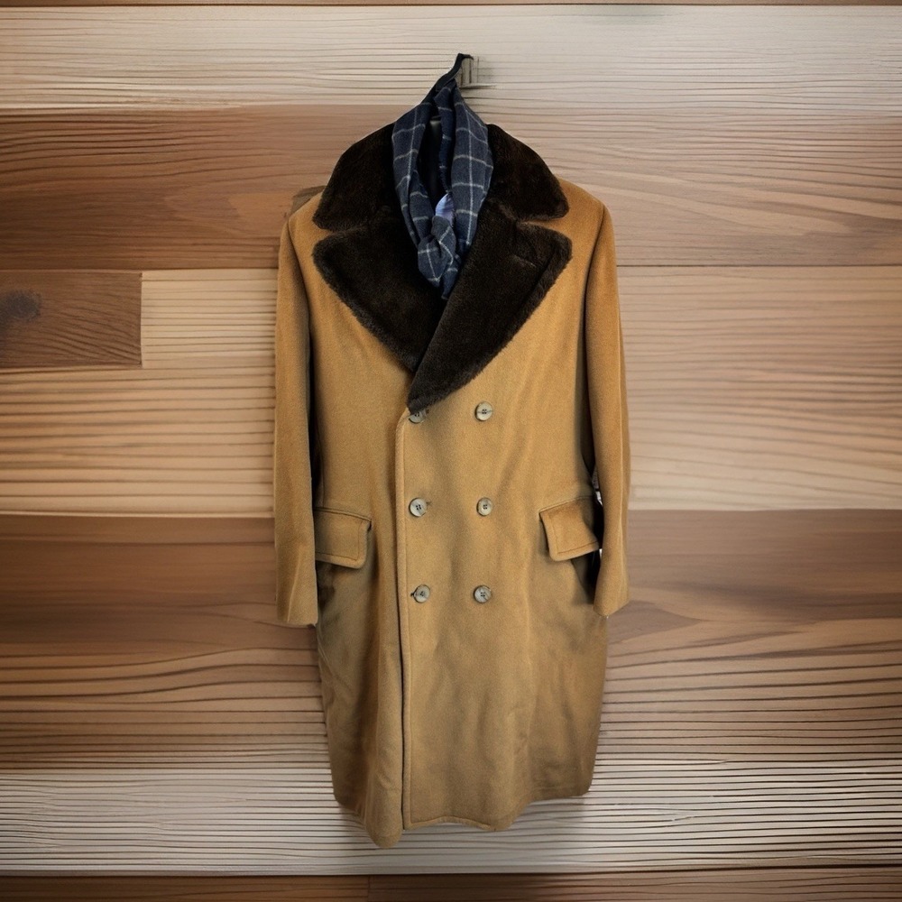 True Vintage Zero King Wool Overcoat 42L Brown Faux Fur Retro 70s Rockabilly